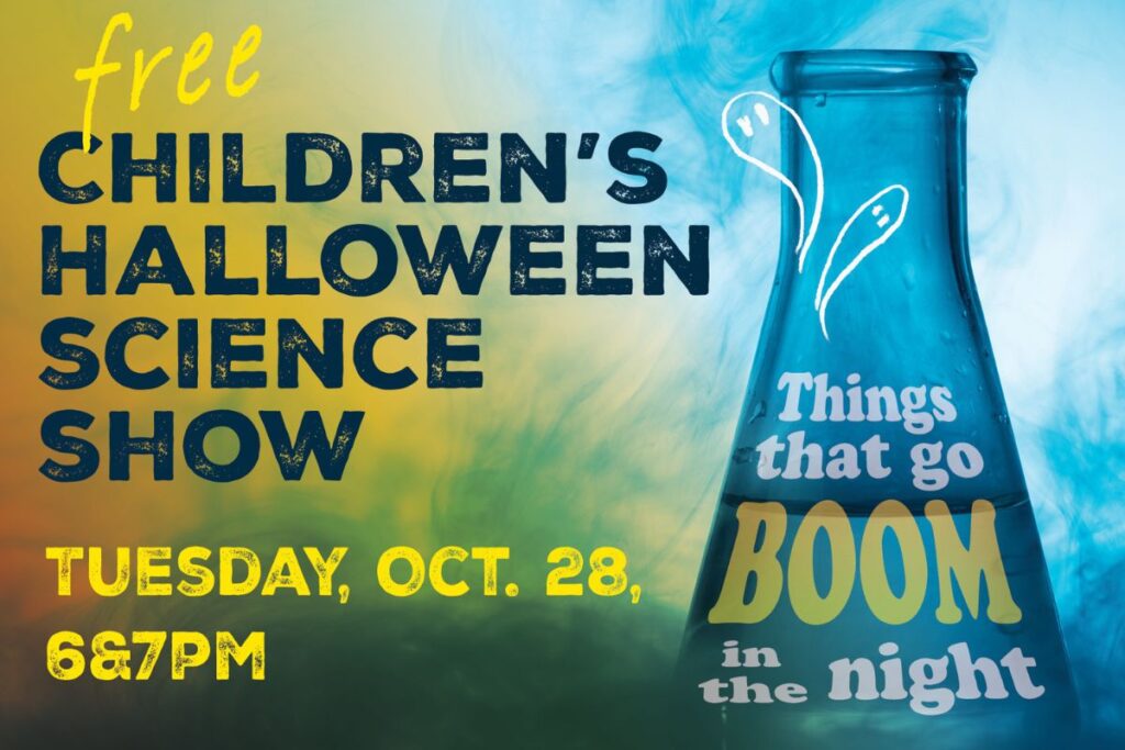 poster with event details and a beaker